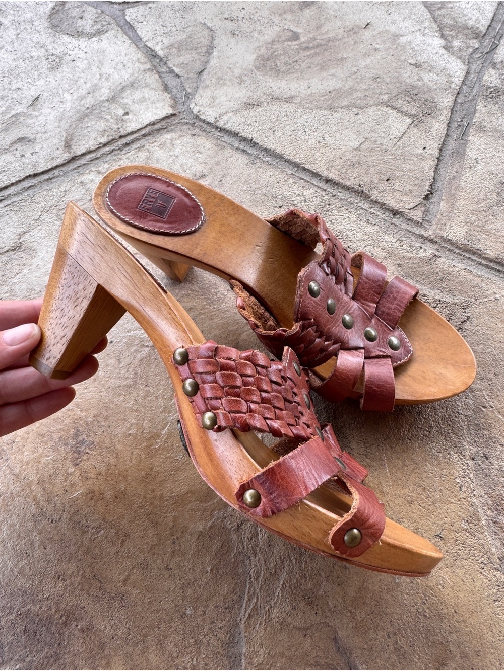 Frye Sammy Stud Huarache High Heel Mule Sandals Brown Leather Wooden Heel 9.5